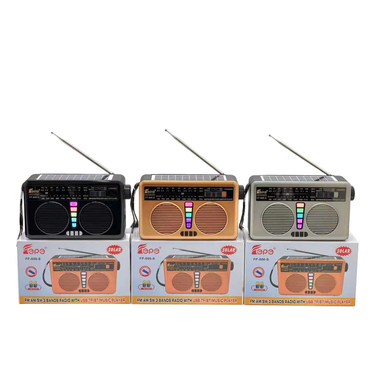 Ρετρό Ραδιόφωνο AM/FM/SW με Bluetooth 5.3, Ηλιακό Πάνελ, USB και RGB Φωτισμό FEPE FP-806-S