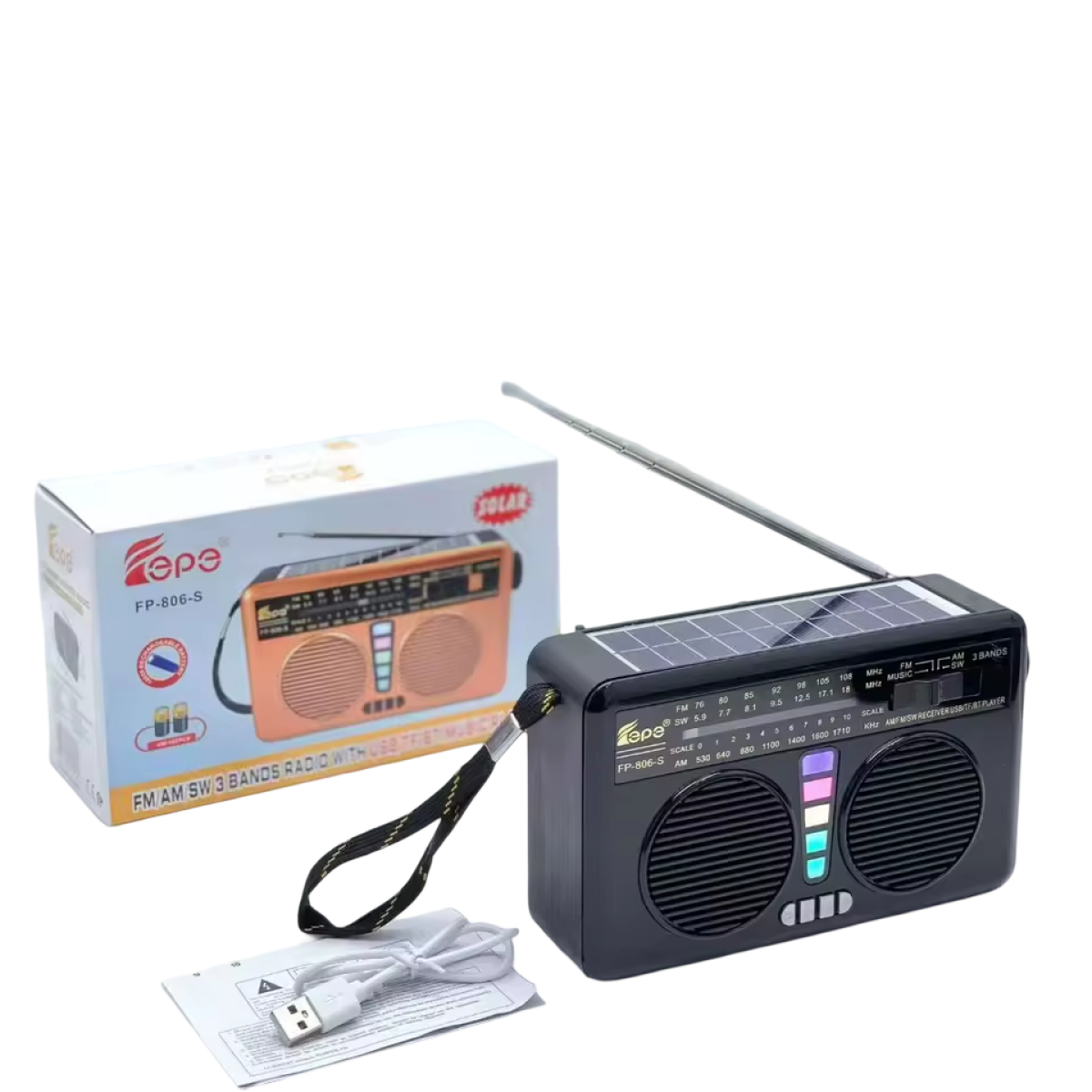 Ρετρό Ραδιόφωνο AM/FM/SW με Bluetooth 5.3, Ηλιακό Πάνελ, USB και RGB Φωτισμό FEPE FP-806-S