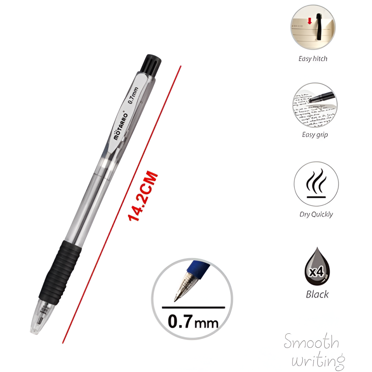 Στυλό Διαρκείας Μαύρο 0.7mm Σετ 4 Τεμαχίων Motarro MC215-2