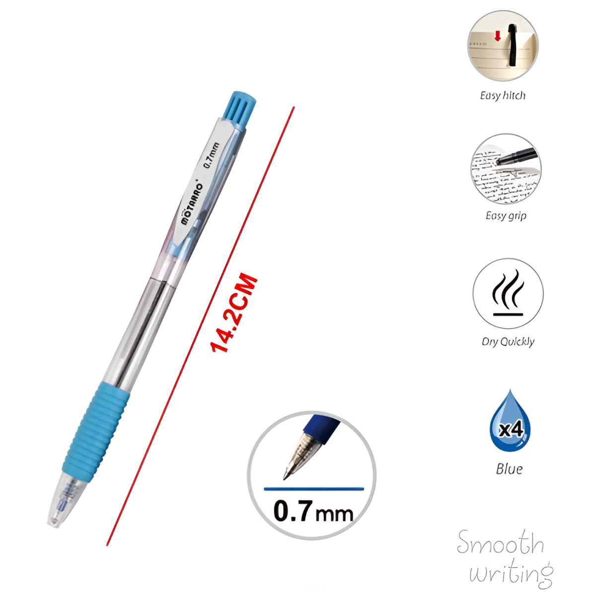Στυλό Διαρκείας με Μύτη 0.7mm Σετ 4 Τεμαχίων Motarro MC215-1 Μπλε