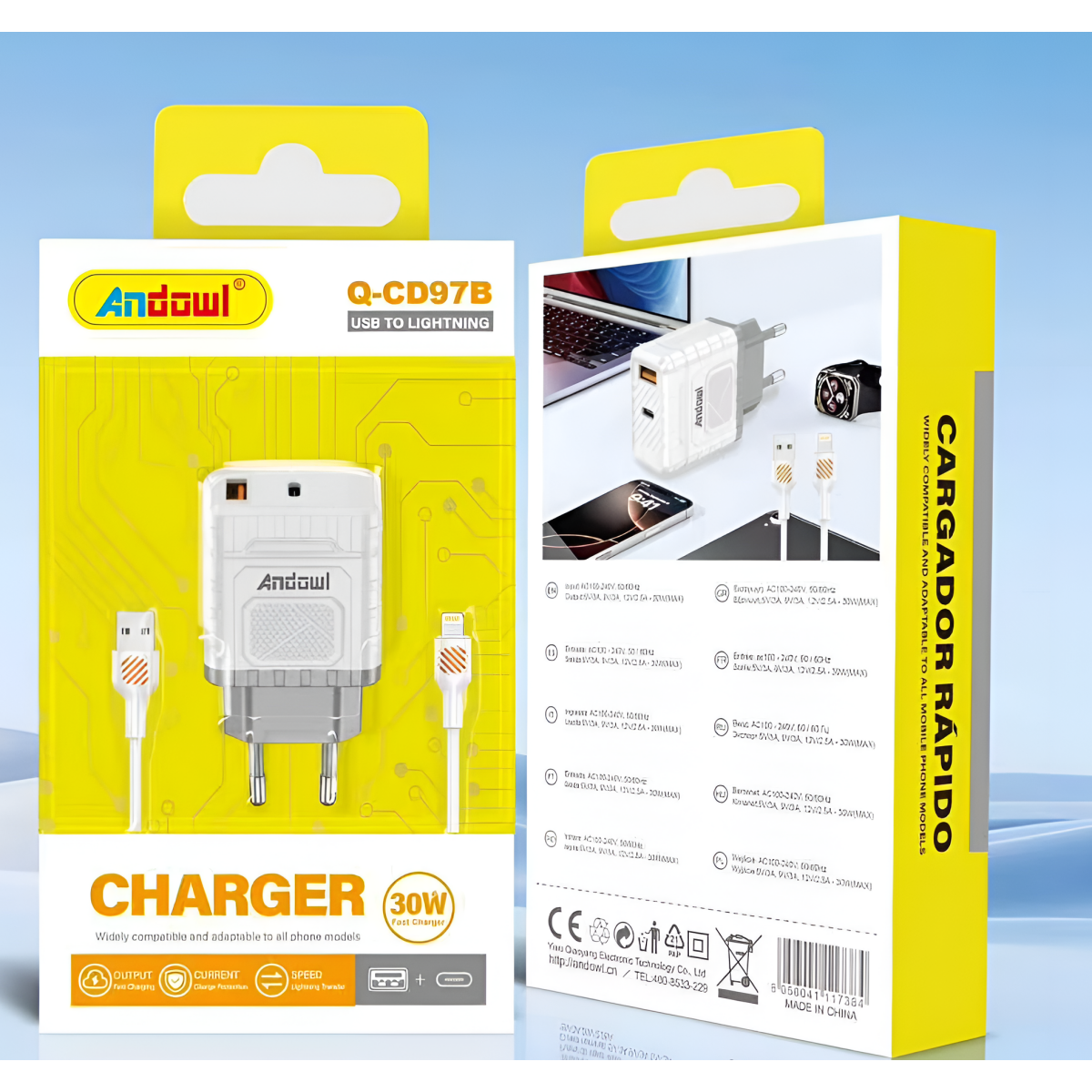 Ταχυφορτιστής 30W με USB και Καλώδιο Lightning Andowl Q-CD97B