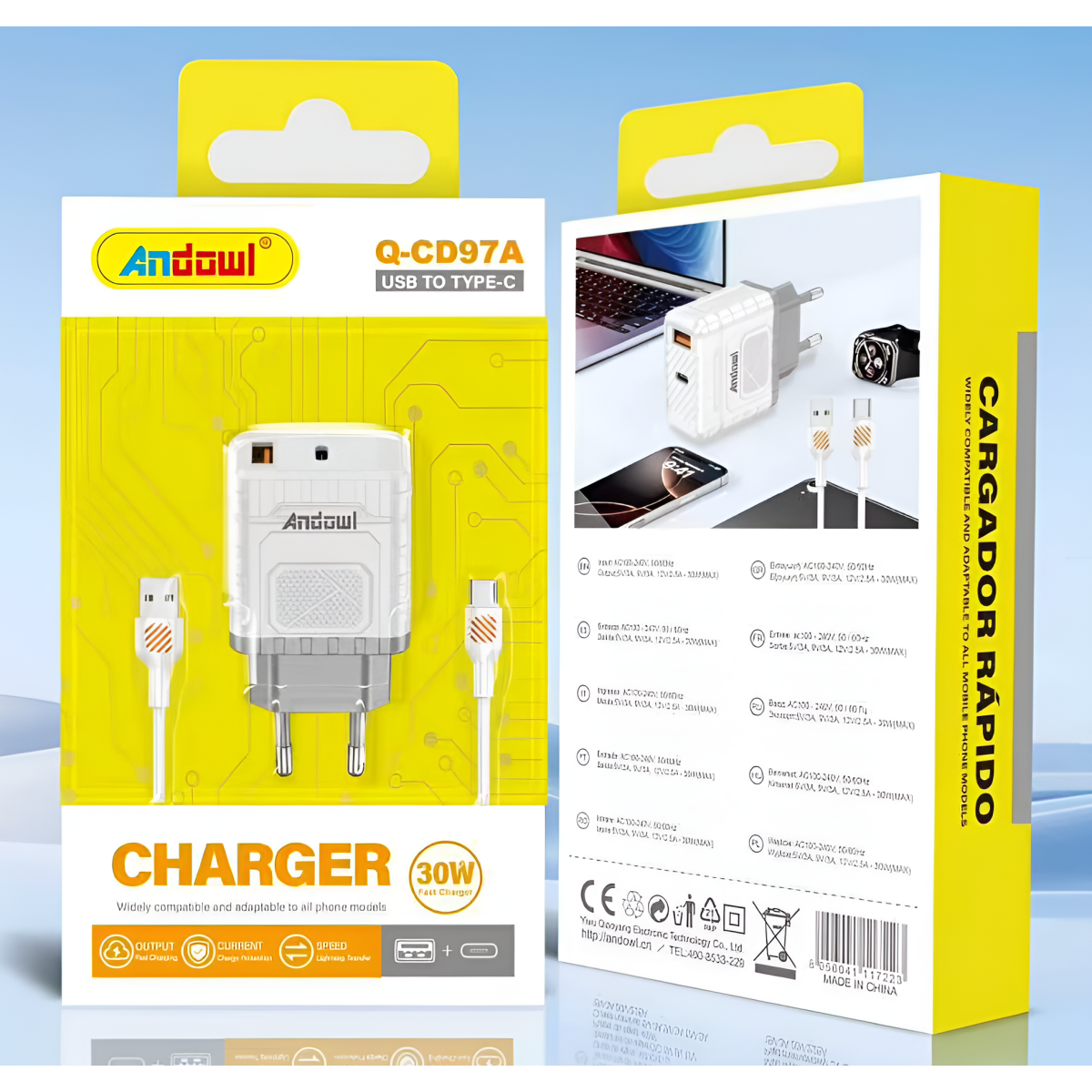 Ταχυφορτιστής 30W με USB και Καλώδιο Type-C Andowl Q-CD97A