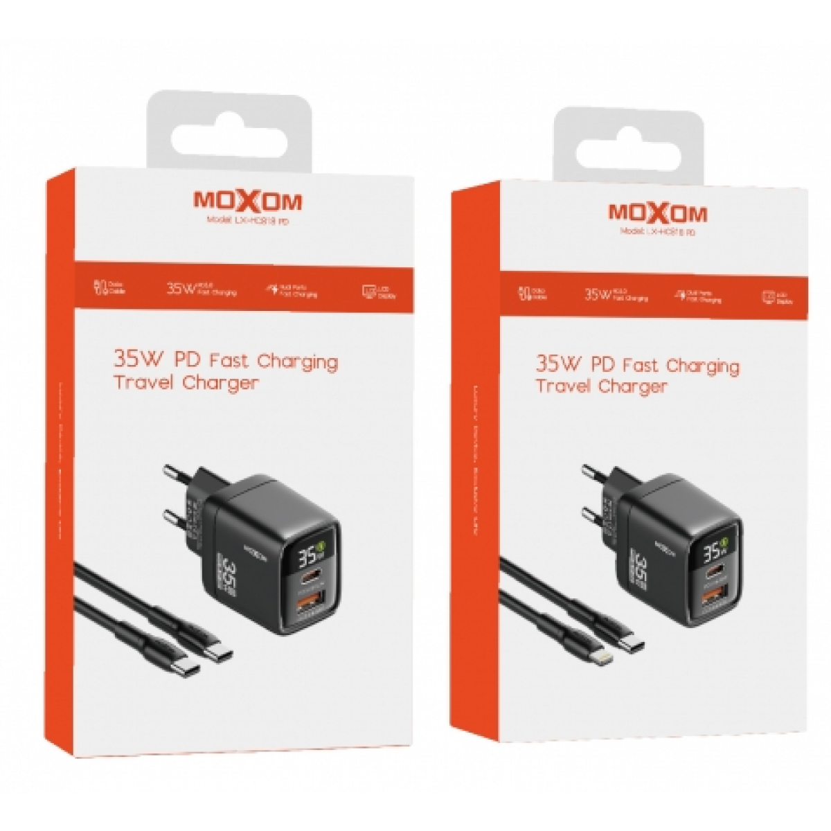 Ταχυφορτιστής 35W PD με USB-A, USB-C & Καλώδιο USB-C σε USB-C Moxom LX-HC818