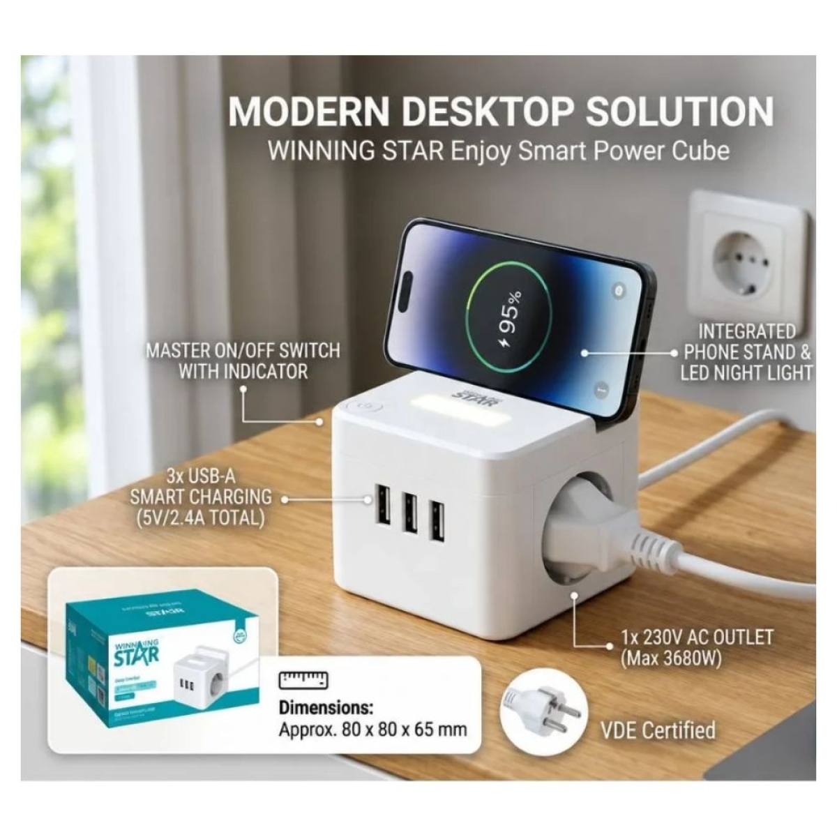 Winning Star ST-1002 Πολύπριζο Κύβος 2500W με 2 Πρίζες, 3 USB, Βάση Κινητού & Φωτισμό – 2m